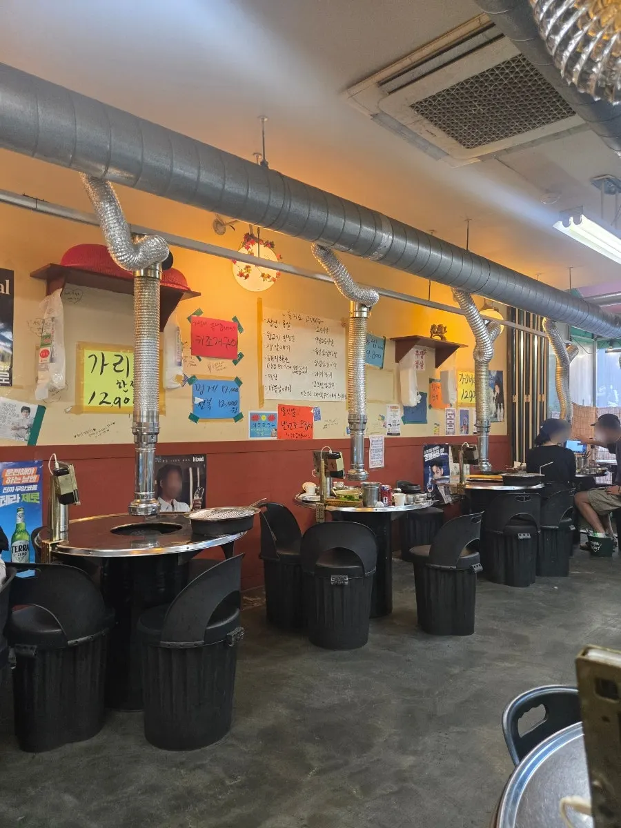View of the charcoal BBQ restaurant with family customers on a weekend evening
