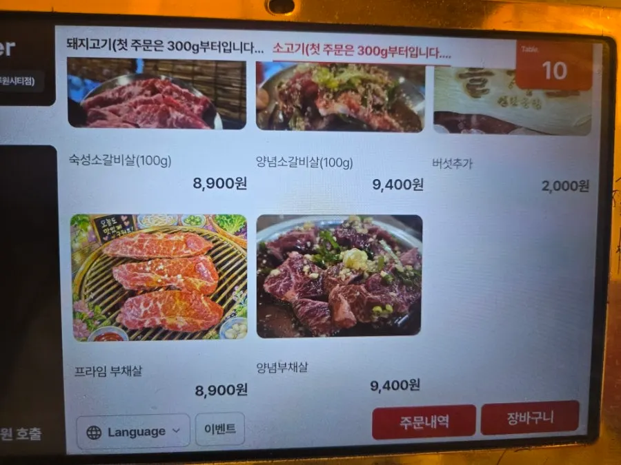 Menu board listing beef cuts