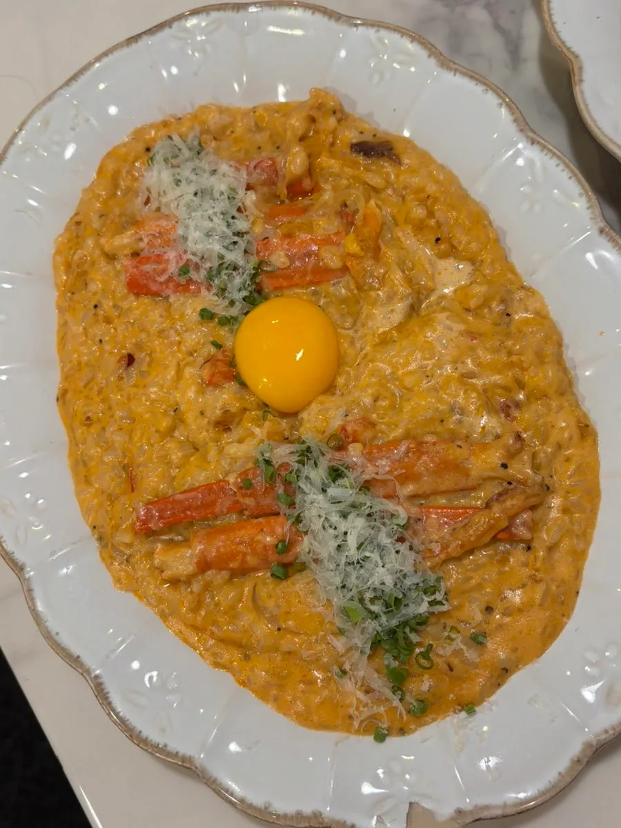 Close-up of the spicy sauce on the crab risotto