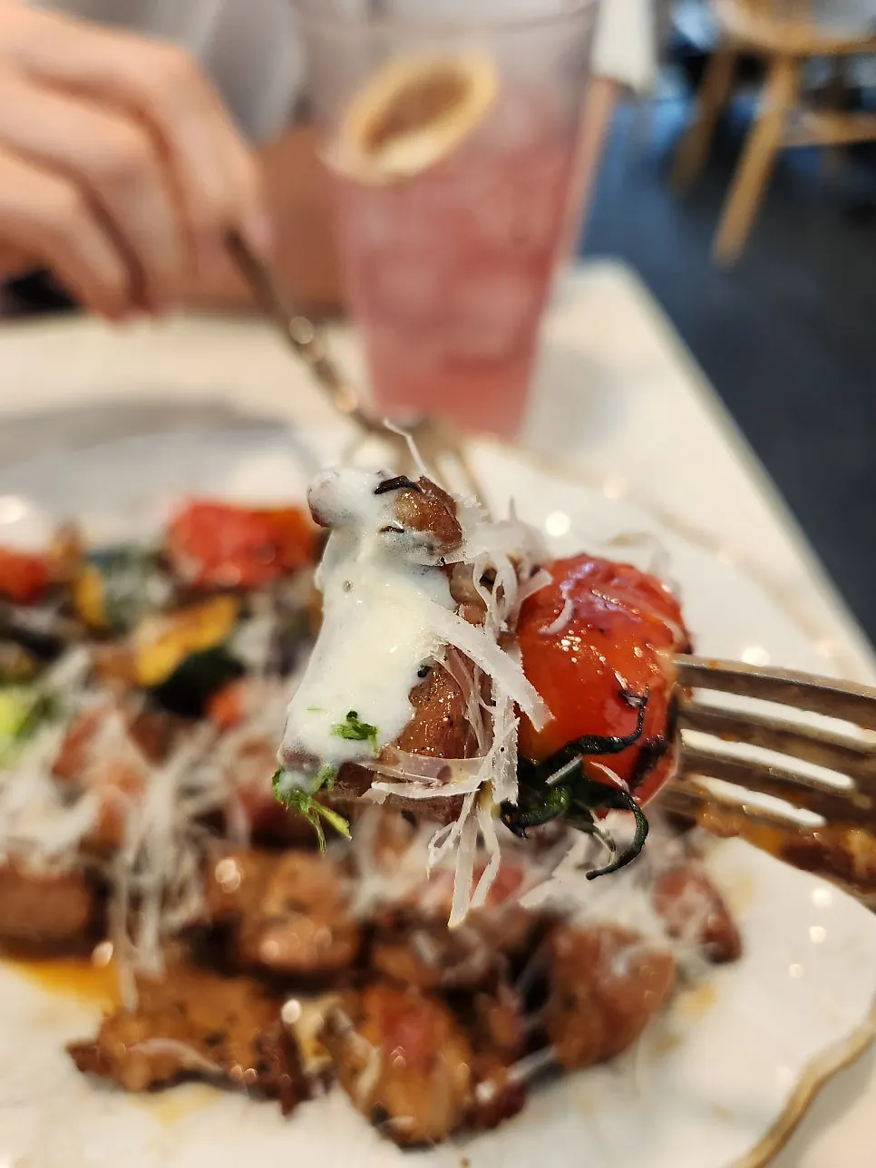 Pork collar steak cut into bite-sized pieces