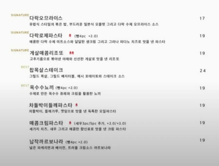 파스타와 사이드 메뉴가 적힌 메뉴판