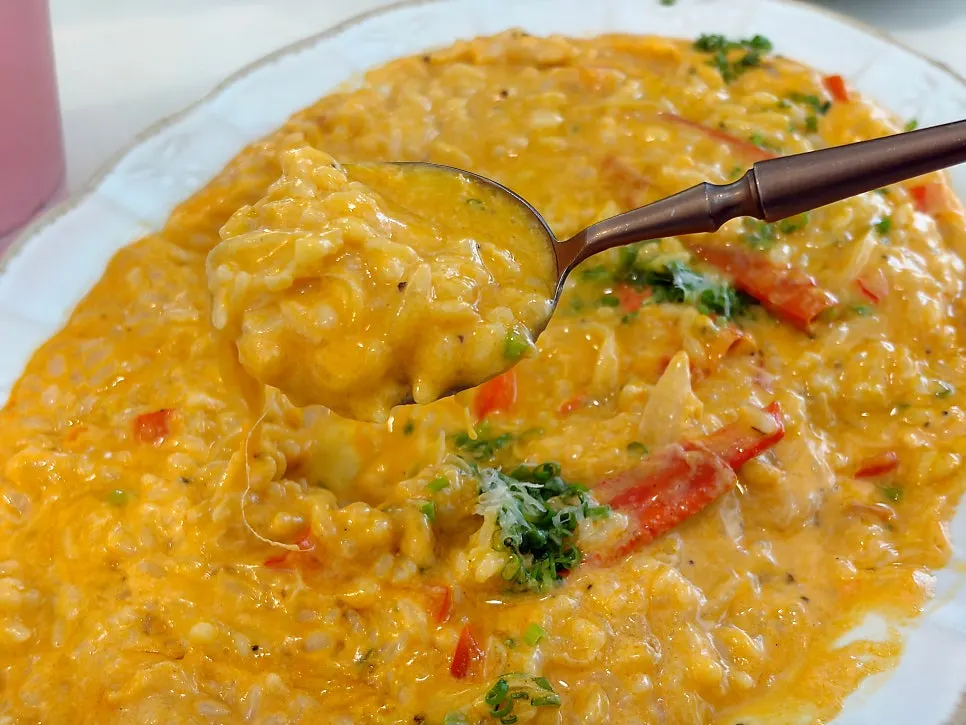 Close-up of the rich spicy cream sauce on the crab risotto