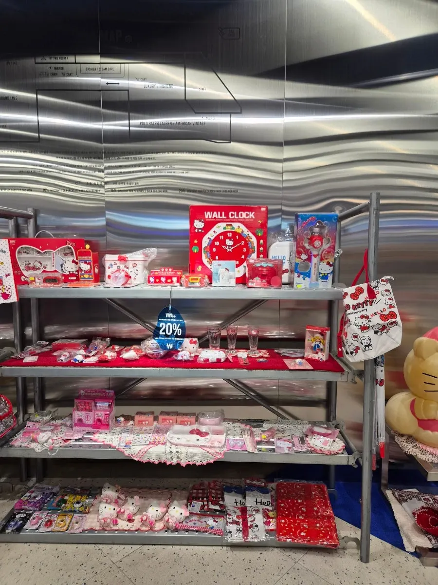 Giant Kitty keyring and regular keyrings on display