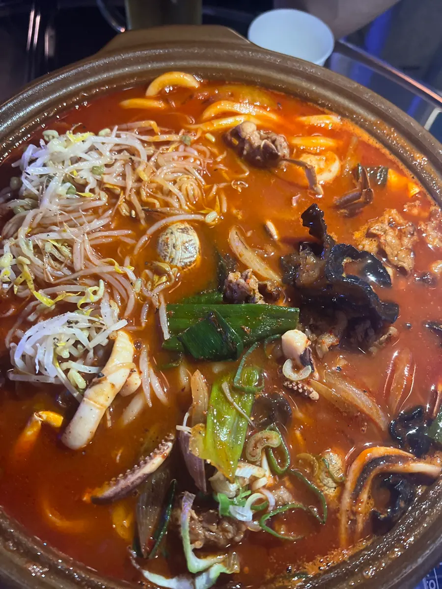 Beef brisket jjamppong soup piled high with bean sprouts