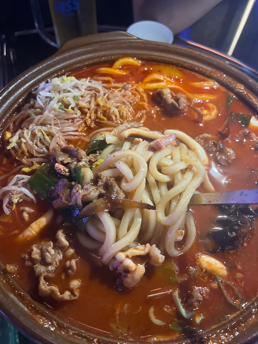 Close-up of beef brisket on top of the jjamppong soup