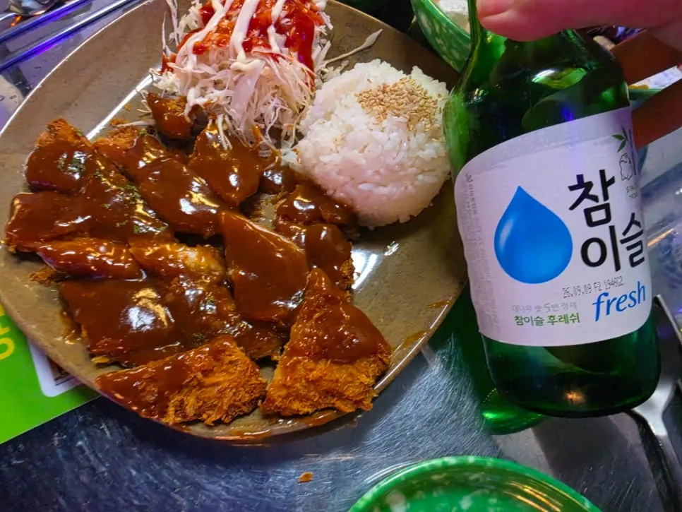 Sliced pork cutlet paired with soju