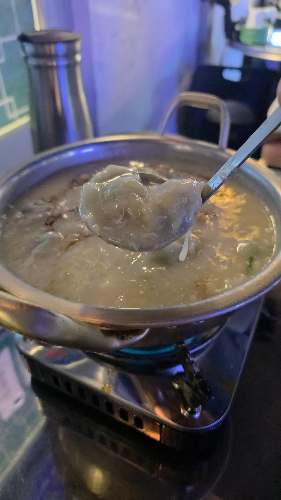 Close-up of the egg soup full of water dumplings