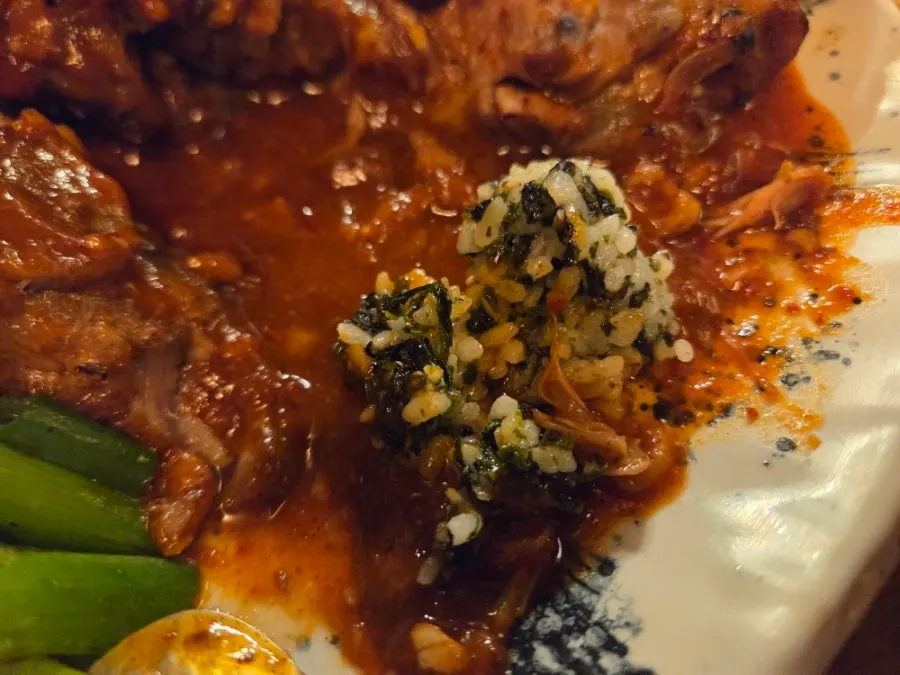 Close-up of spice level 1 bone BBQ