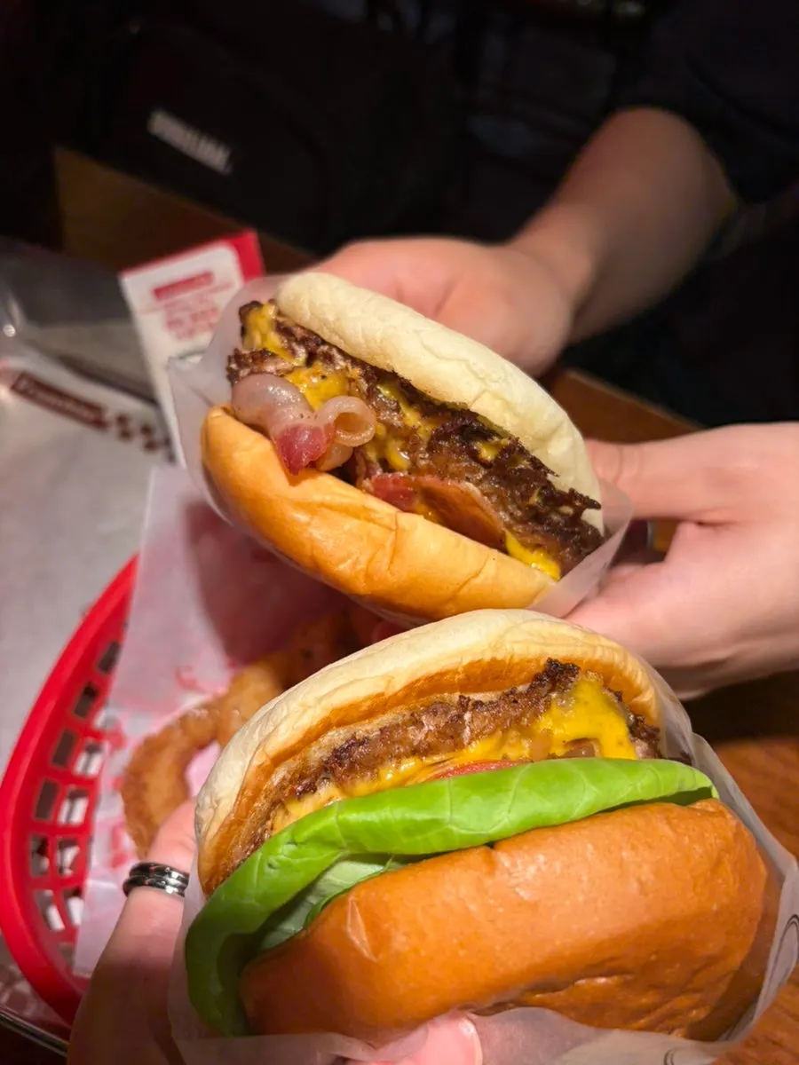 Close-up of the BAS Burger Double Bacon Cheeseburger
