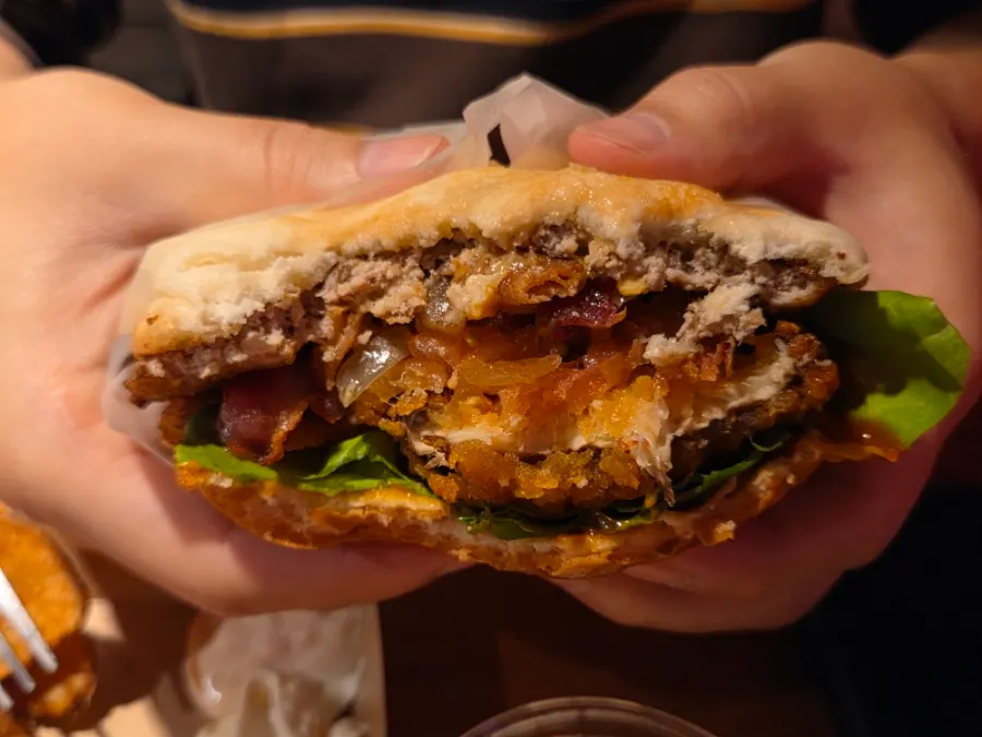 Cross-section of the Mushroom Burger showing the whole mushroom inside