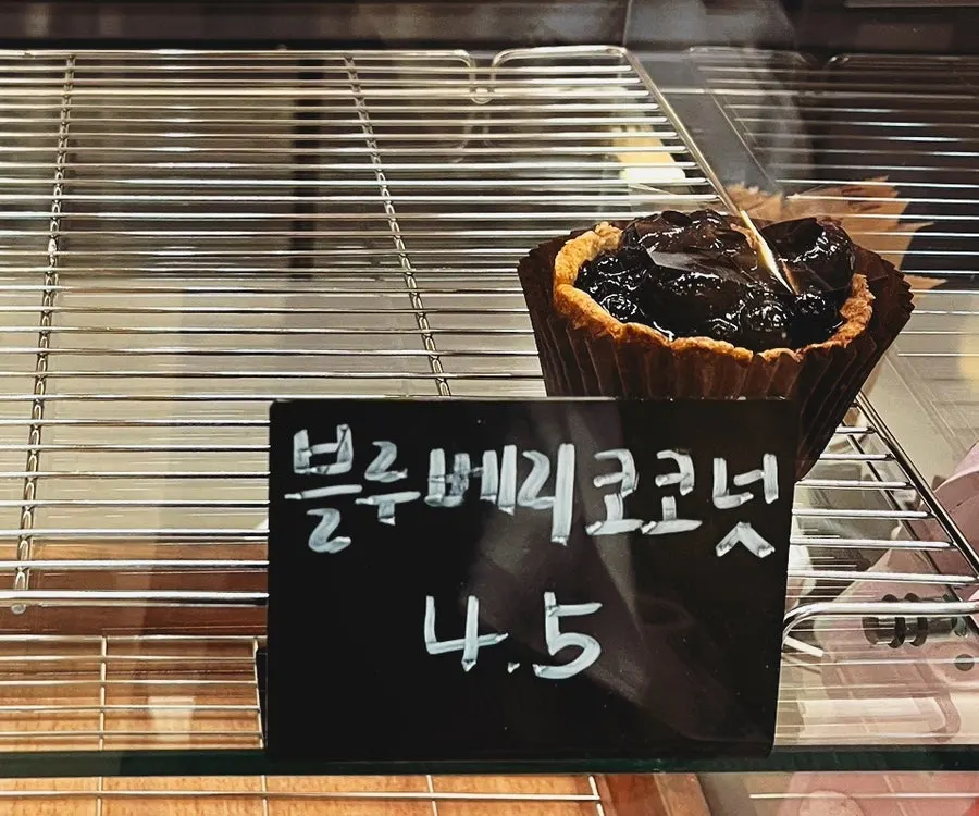Blueberry tarts displayed in the showcase