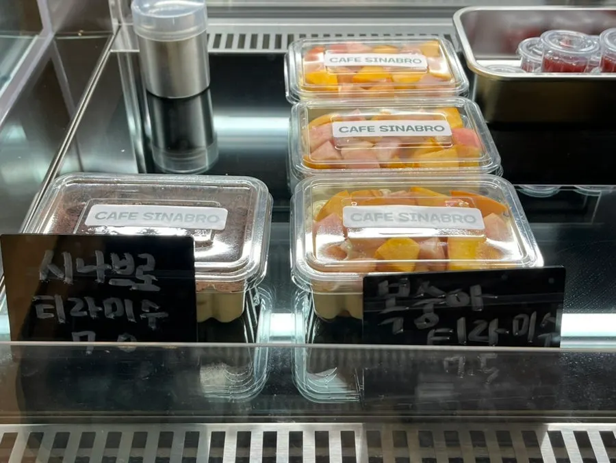 Peach tiramisu on display