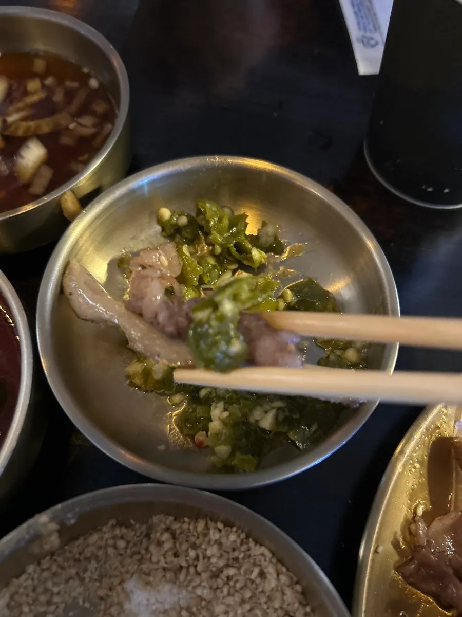 Pan-fried stuffed pepper that cuts through the hanwoo's richness