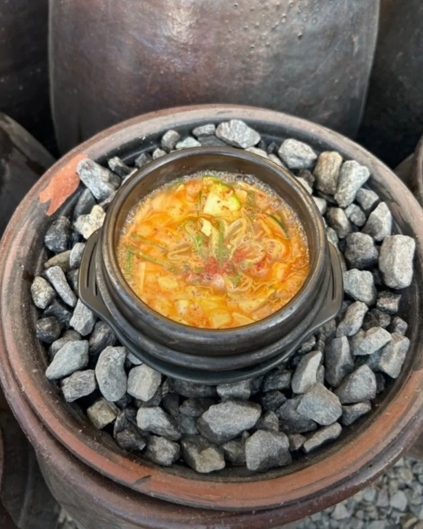 Table spread with rice and doenjang jjigae