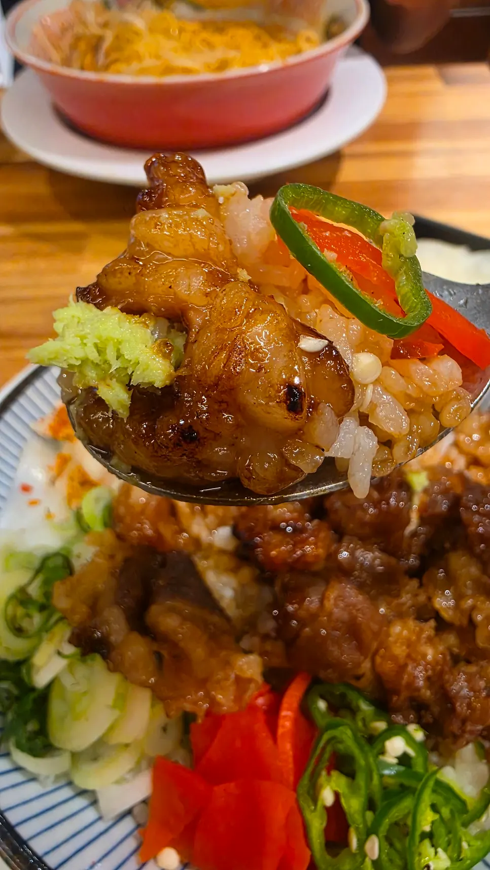 Horumon-don with wasabi and chili peppers