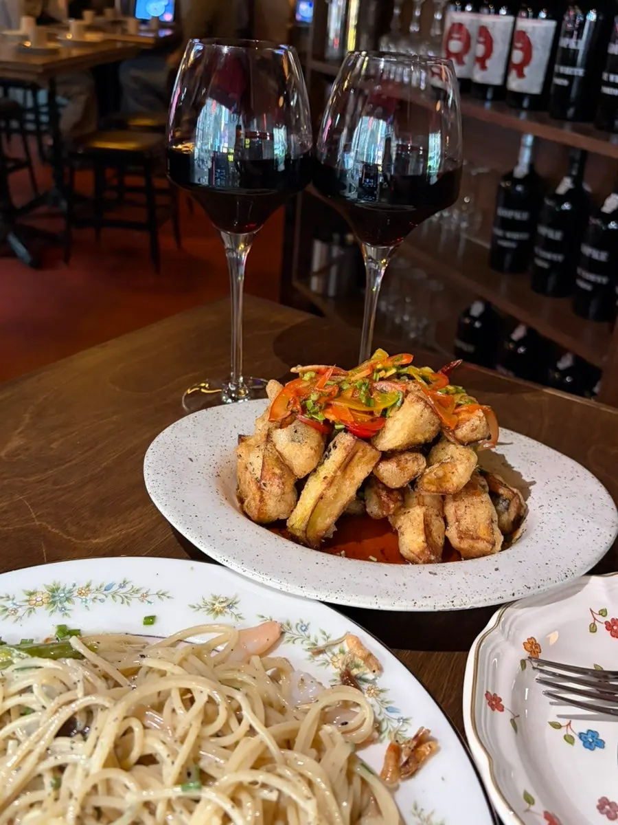 Ordered pasta and fried eggplant spread