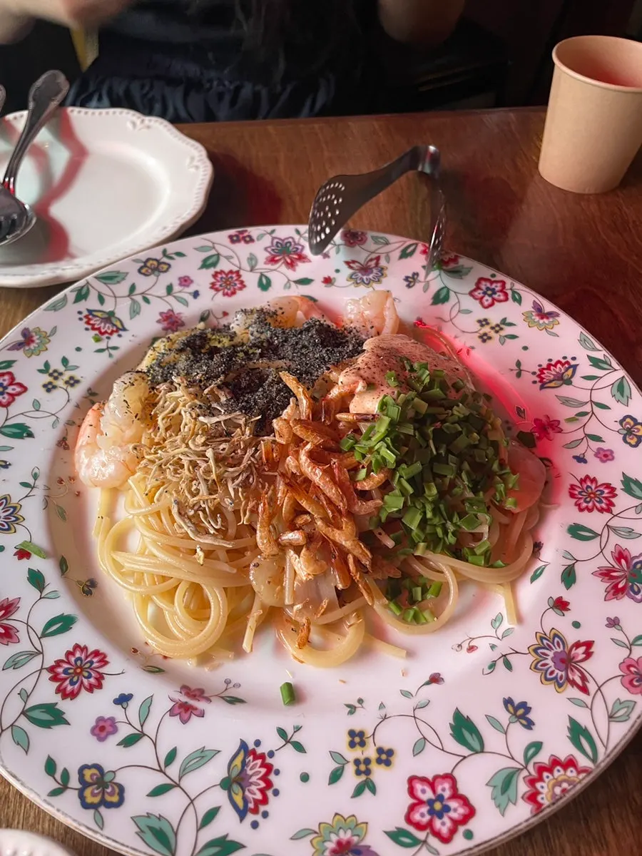 A plate of Osaka niboshi shrimp oil pasta