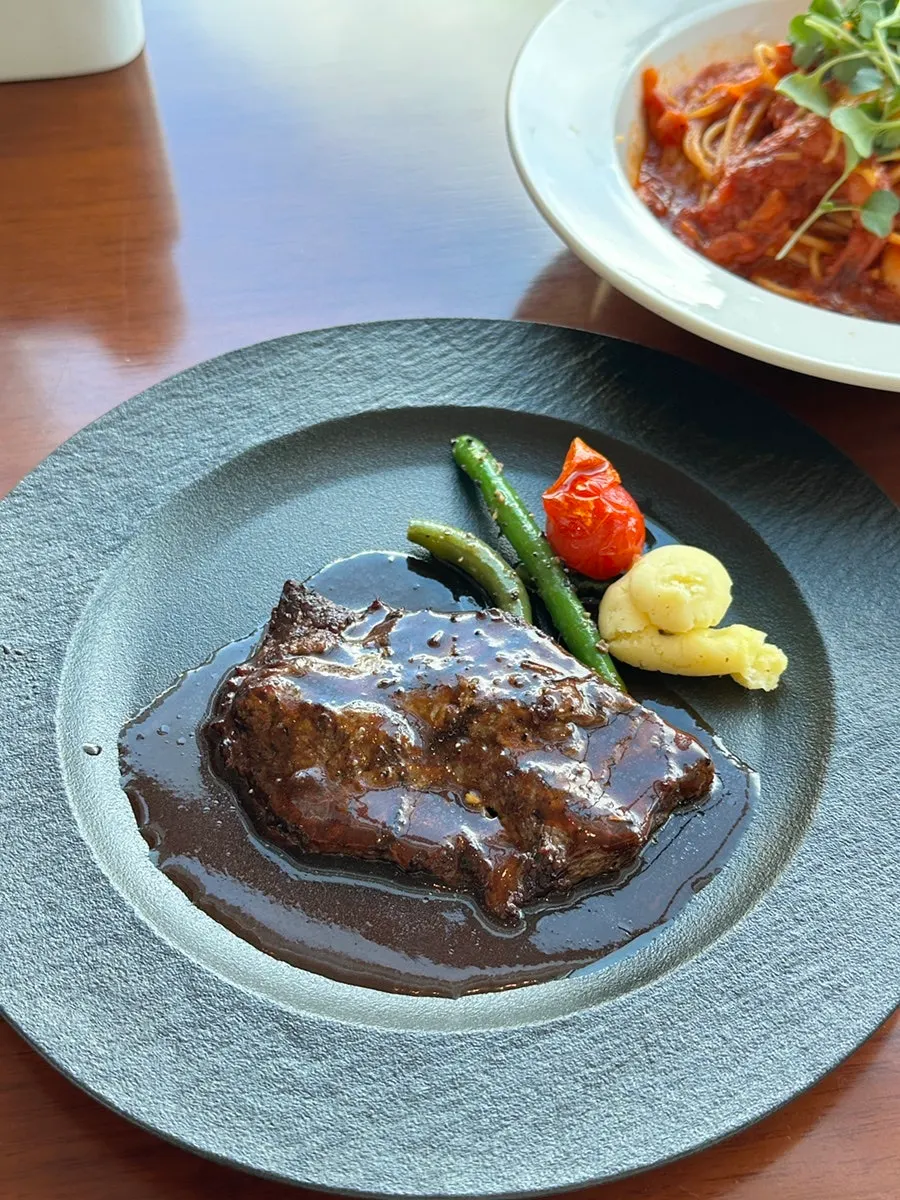 Skirt steak served with sauce and mashed potatoes