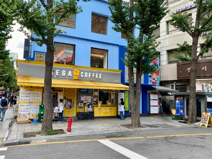 View toward Hyeonseoni-ne's entrance next to Megacoffee at Euljiro 1-ga Station Exit 3