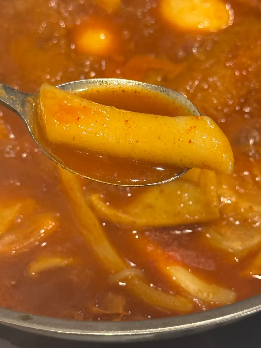 Close-up of rice cake with the sauce reduced down
