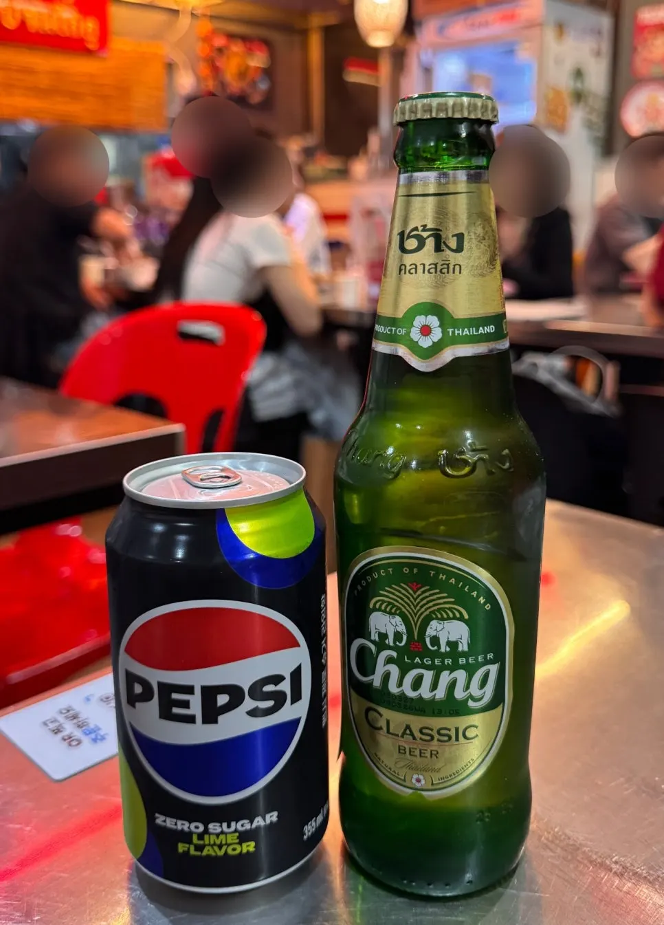 Chang beer and zero sugar Pepsi Lime