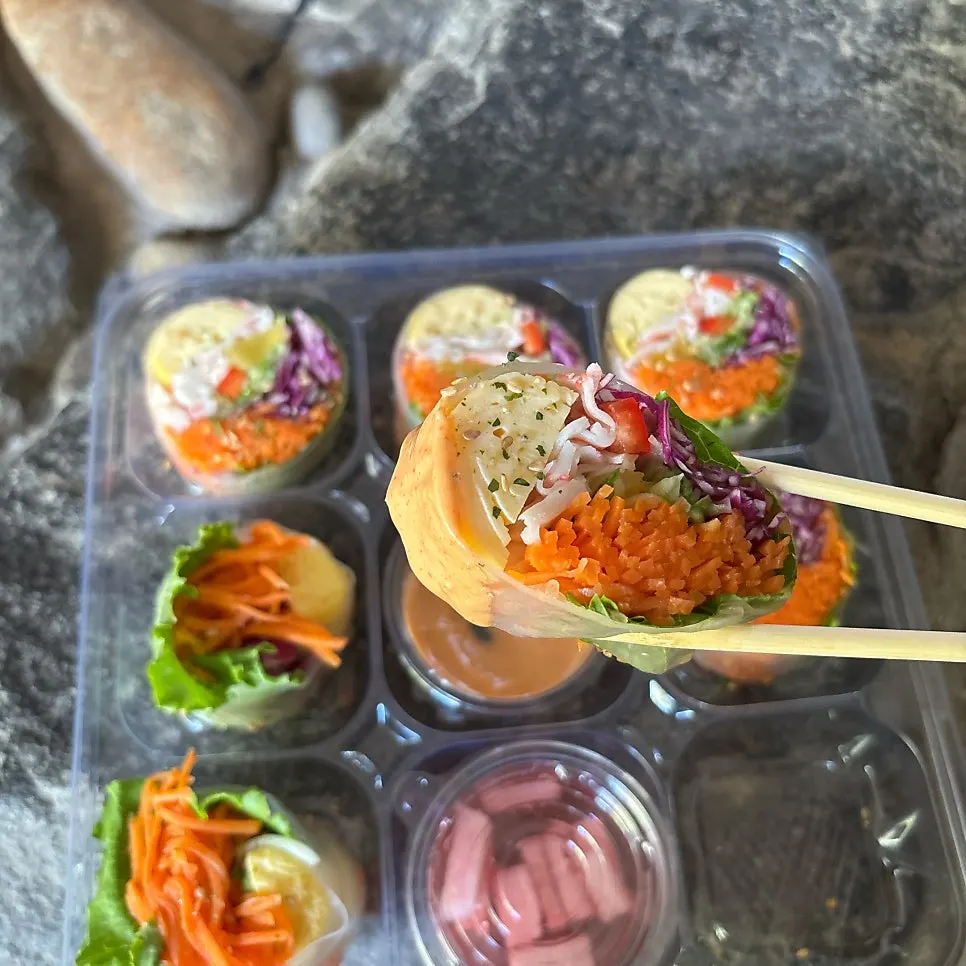Vegetable-packed summer roll dipped in sauce