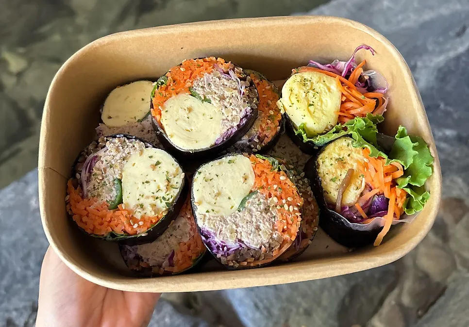 A thick roll of keto tuna gimbap
