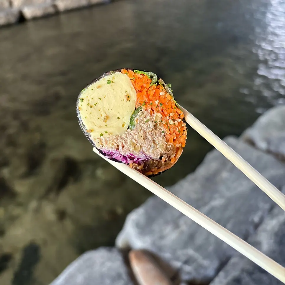 Close-up cross-section of keto tuna gimbap