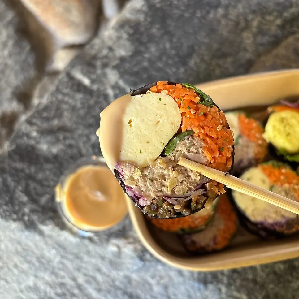 Keto tuna gimbap dipped in soy mayo sauce
