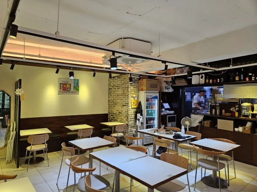 Clean gimbap shop interior under soft lighting