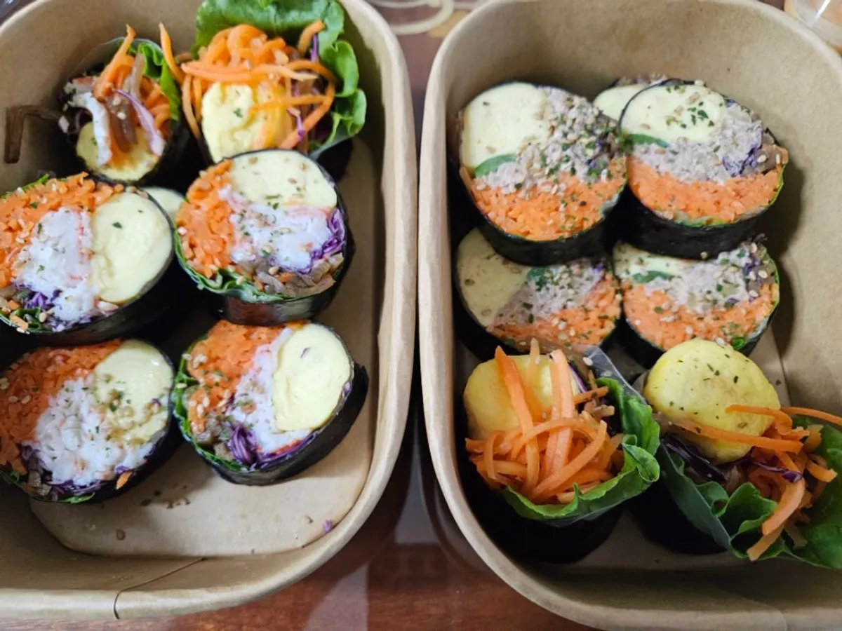 Cross-section of three densely filled keto gimbap rolls