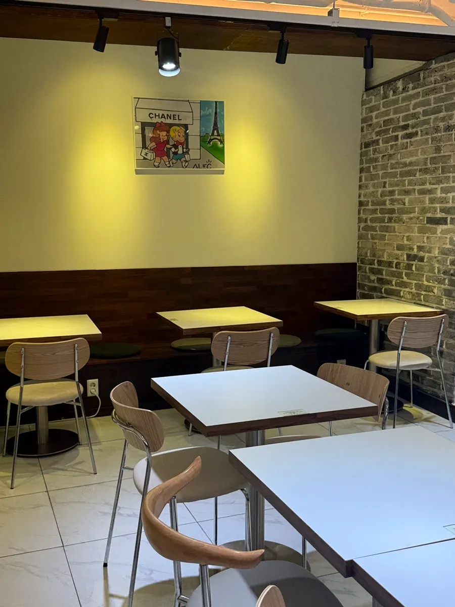 Interior with white tile and wood tones