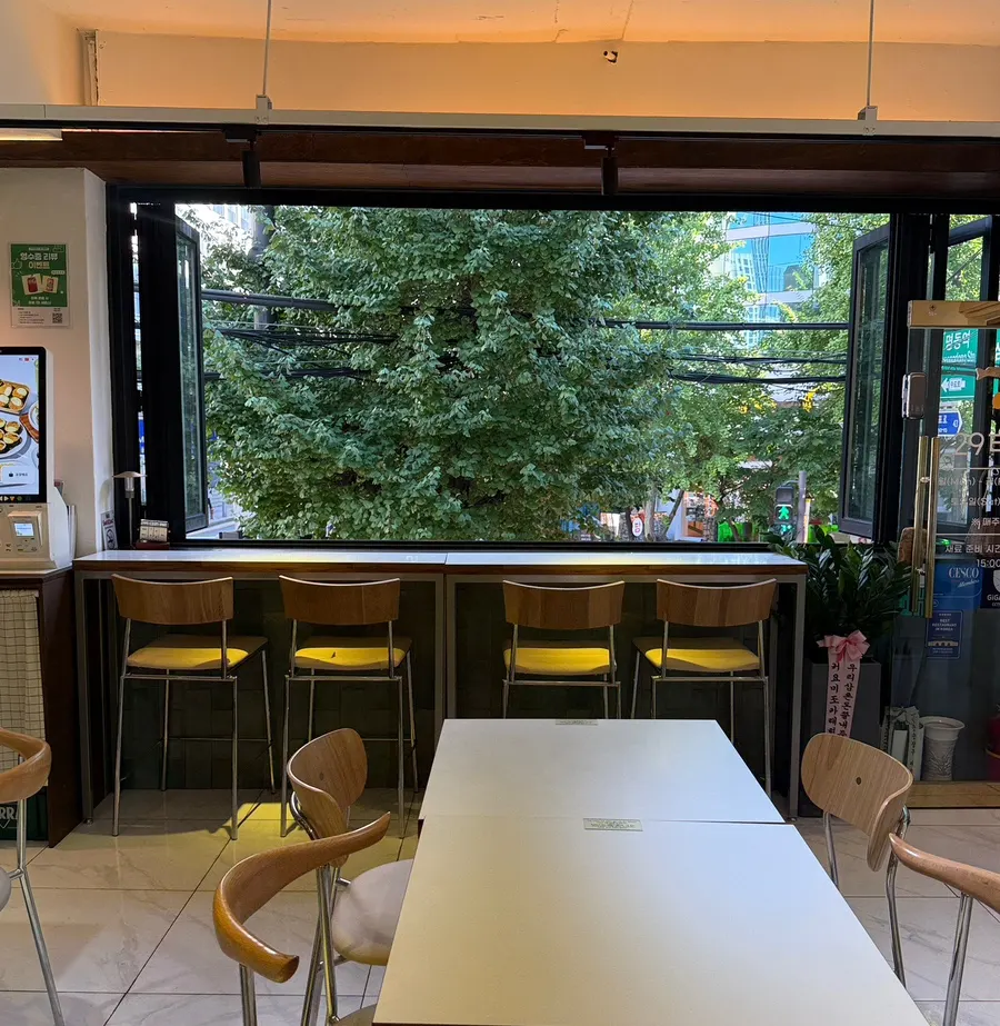 Solo seat in the middle with a view of green trees