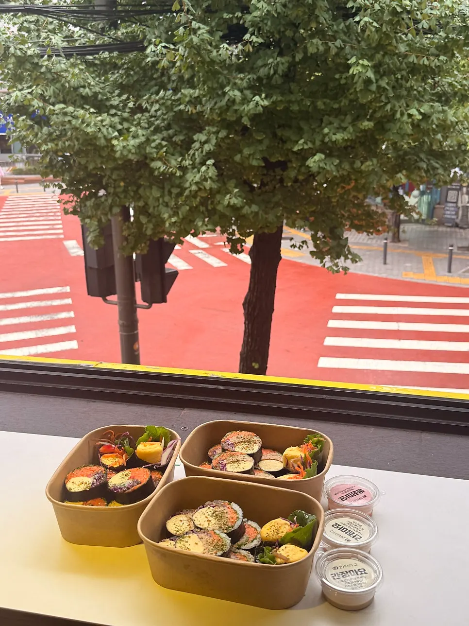 Takeout bags with three types of gimbap