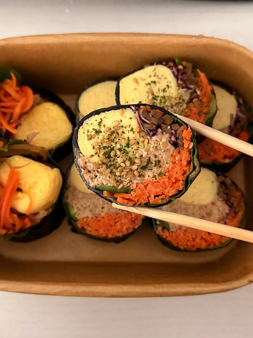 Cross-section of keto tuna gimbap with generous tuna filling