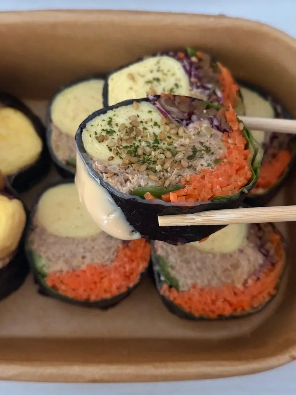 Soy sauce mayo served with keto tuna gimbap