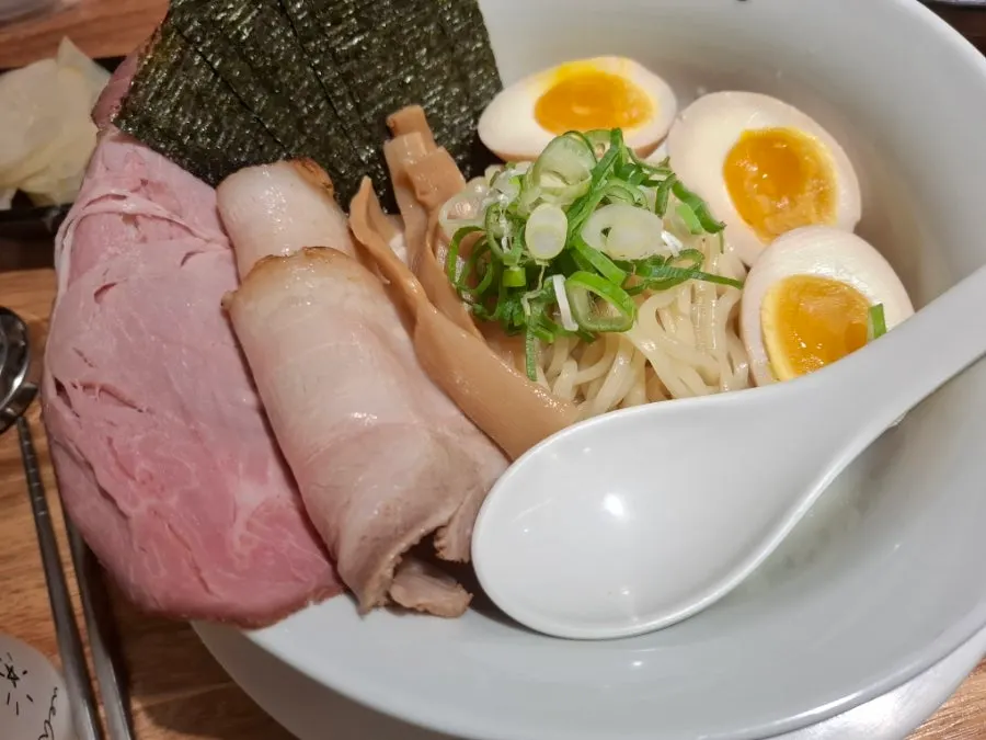 Close-up of the tsukemen noodles and dipping sauce bowl