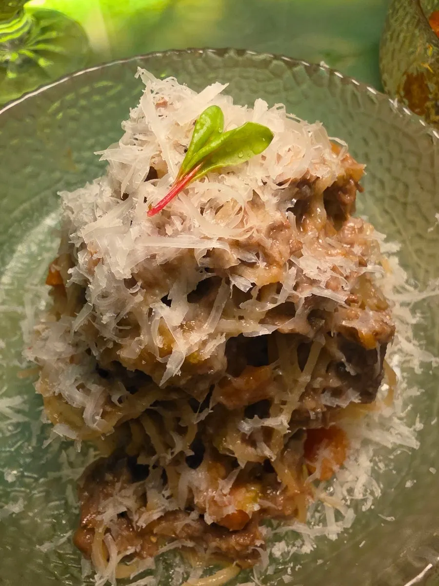 Doenjang ragu pasta topped with fluffy cheese