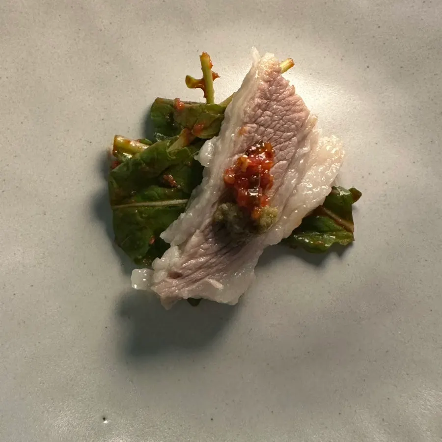 A warm plate of boiled pork belly and rucola
