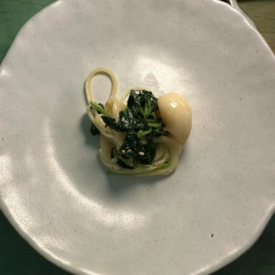 Moss's aglio e olio pasta with seasonal namul