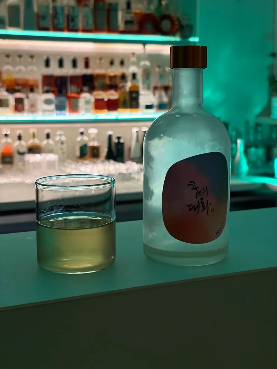 A glass of Hyomojae cheongju