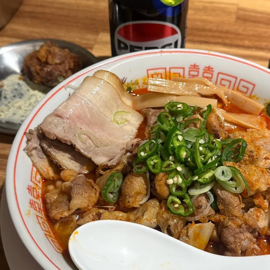 차슈를 추가한 모츠라멘 상단 토핑