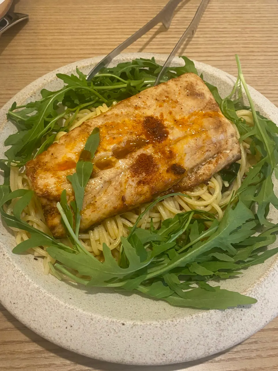 Pasta topped with tender mackerel