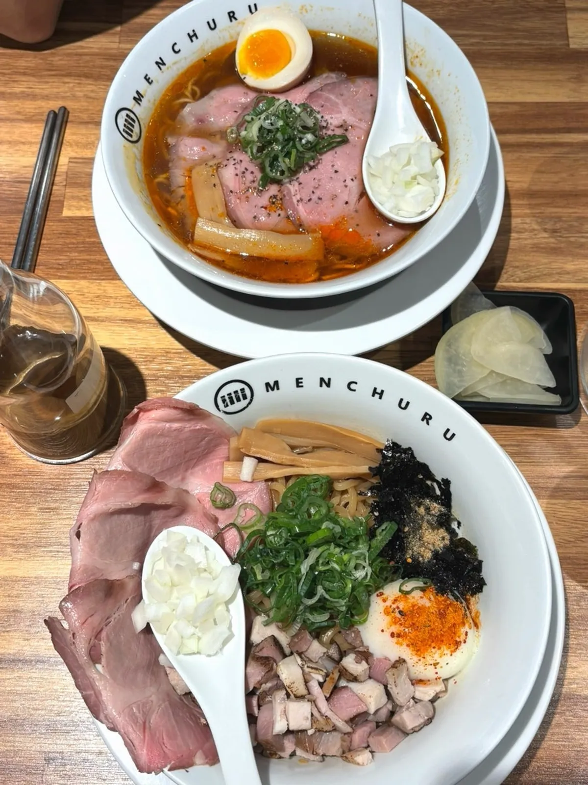 Spicy shoyu ramen and abura soba on the table