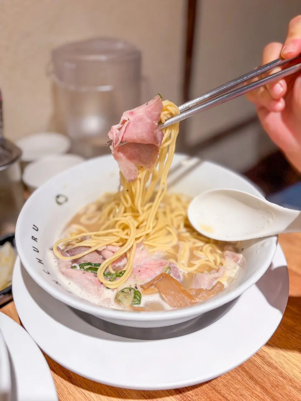 Tori paitan topped with bamboo shoots and meat