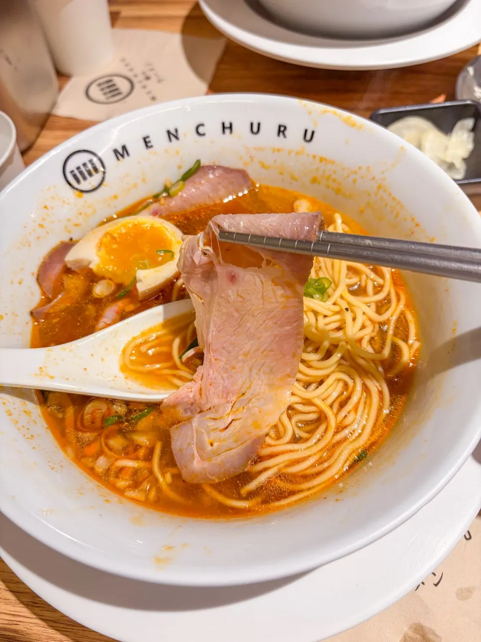 Spicy shoyu ramen broth with default toppings