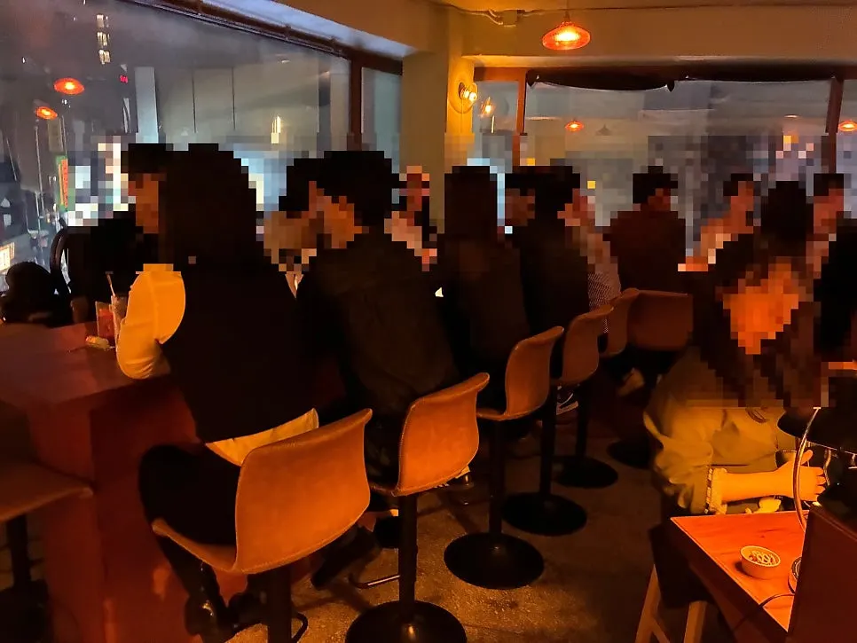 Dimly lit bar seating area