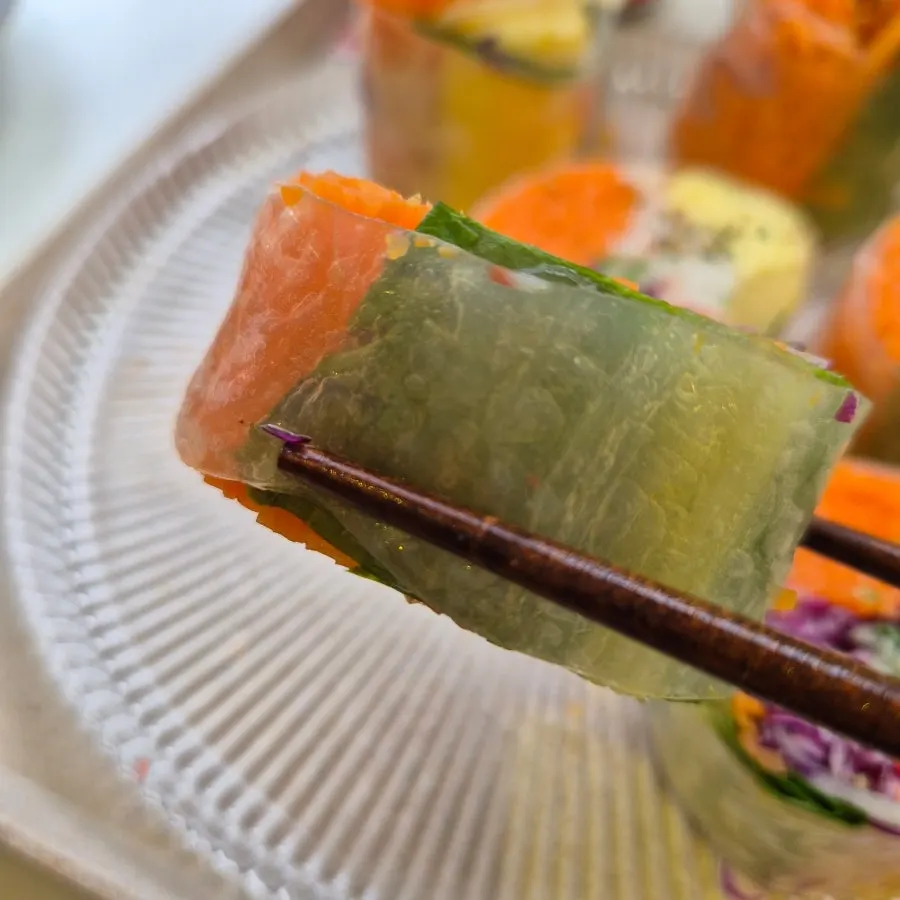 A piece of Vietnamese-style gimbap before dipping in sauce