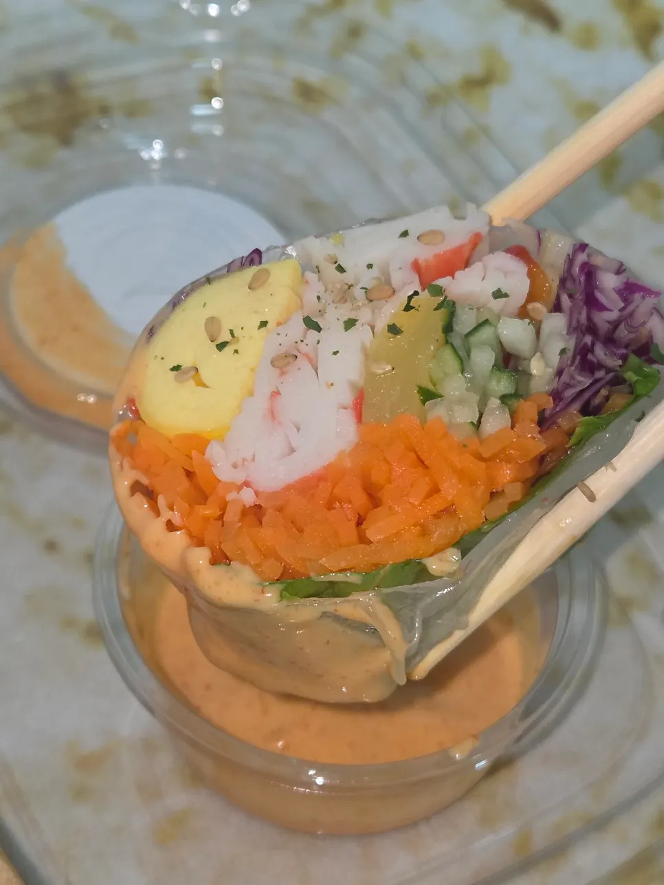 A bite of Vietnamese spring roll gimbap