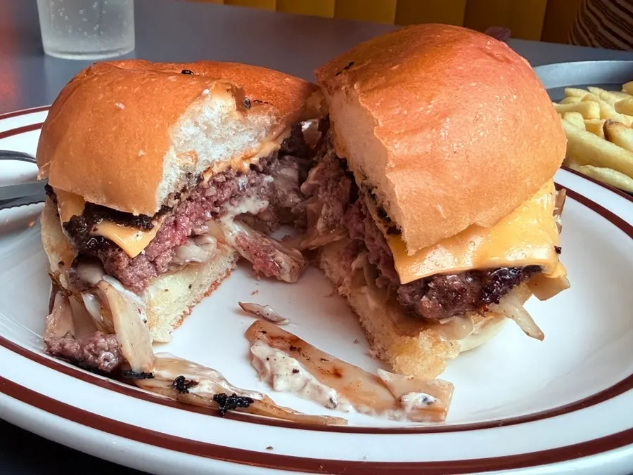 Cross-section of the truffle mushroom burger cut in half